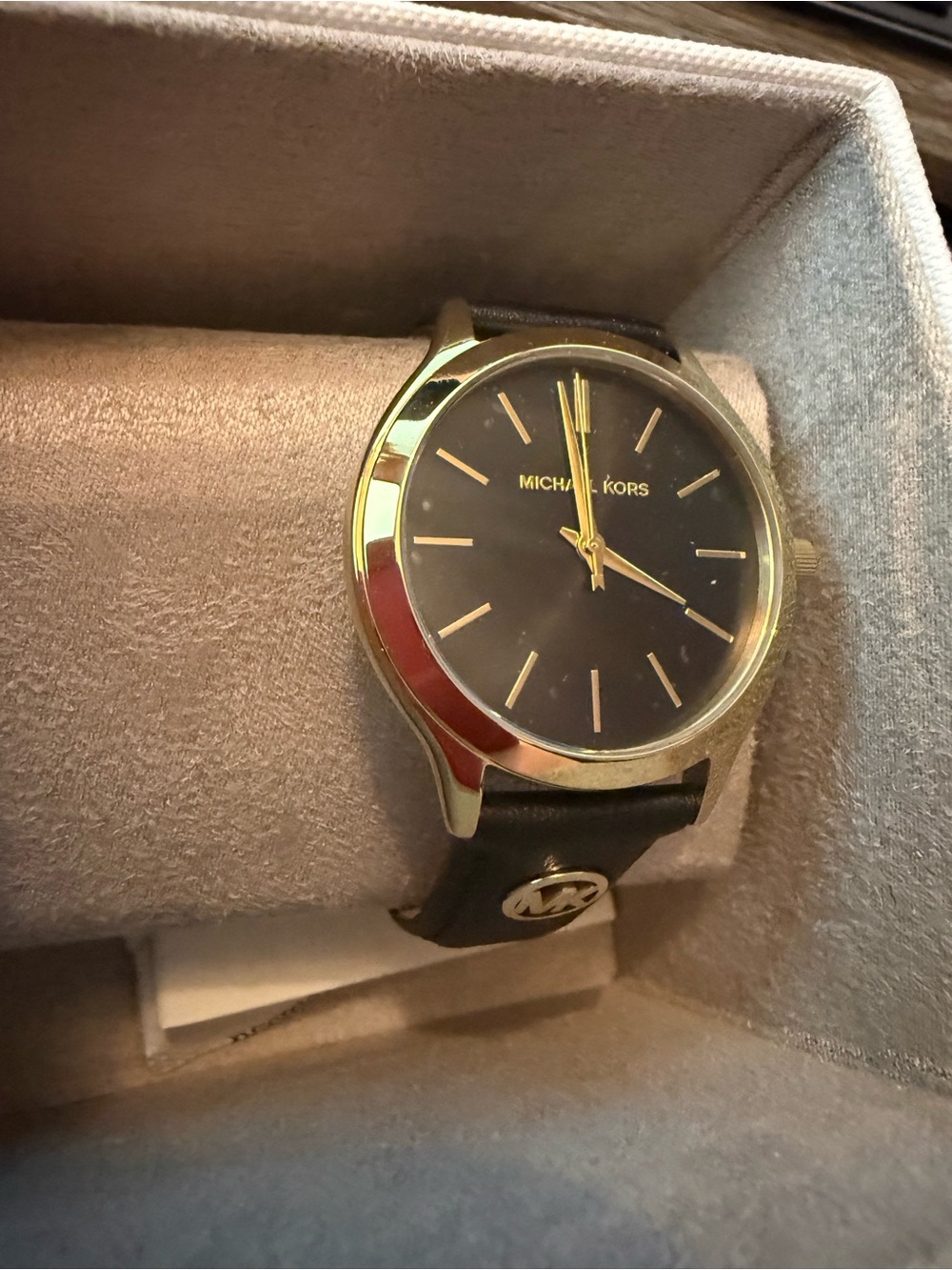Michael Kors Gold Tone Watch Black Leather Strap Minimalist MK Watch w/ Box